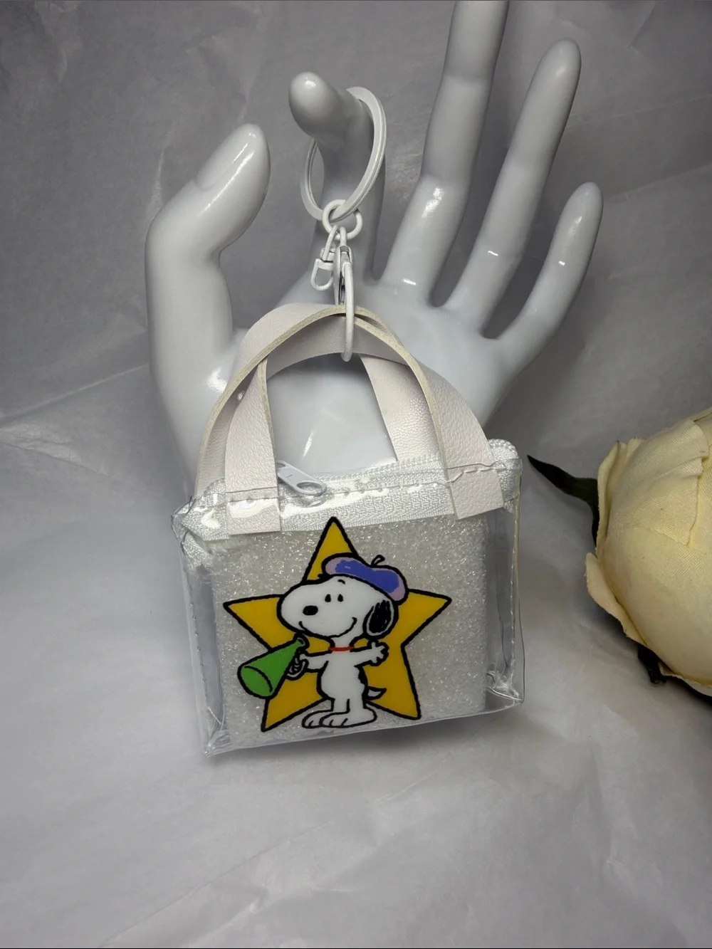 Clear Mini Tote Keychain with Snoopy Star Graphic - White